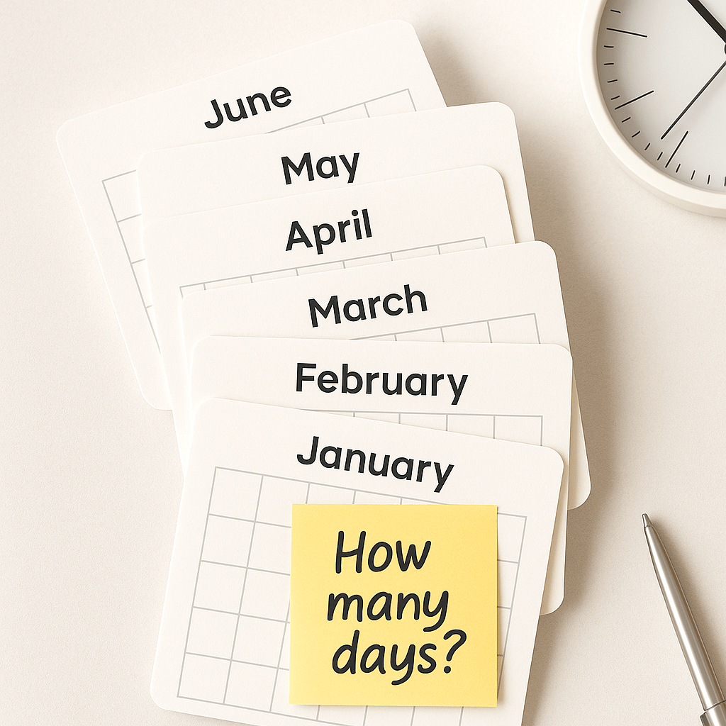 image showing 6 monthly calanders to depict how many days is 6 Months