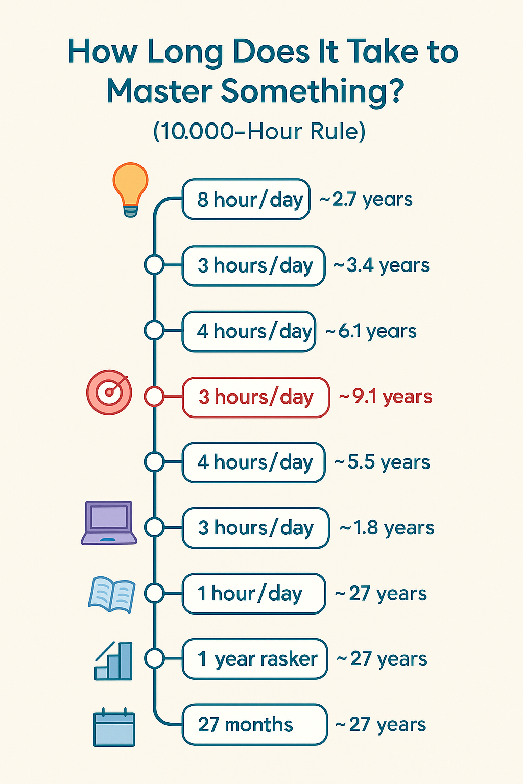 A timeline showing 10,000 hours broken down by daily effort.